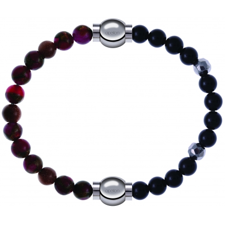 Apollon - Collection MiX Femme - agate rouge, bronzite, pierre de soleil - diamètre 6mm - longueur 9,25cm + onyx - compo…