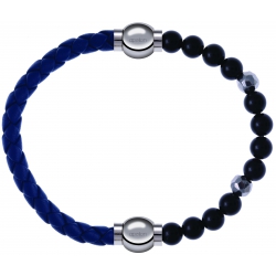 Apollon - Collection MiX Femme - cuir tressé italien bleu foncé - diamètre 5mm - longueur 9,25cm + onyx - composants aci…