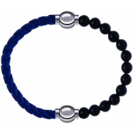 Apollon - Collection MiX Femme - cuir tressé italien bleu foncé - diamètre 5mm - longueur 9,25cm + onyx - diamètre 6mm -…