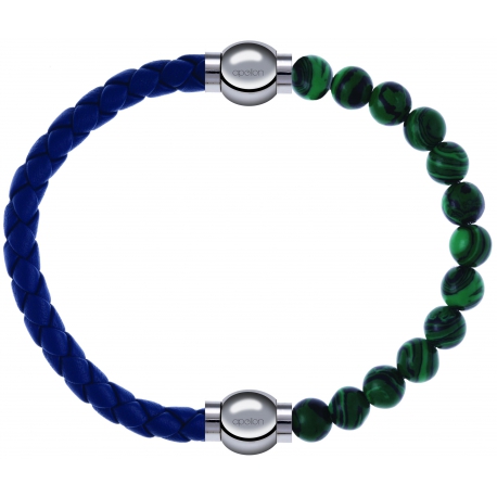 Apollon - Collection MiX Femme - cuir tressé italien bleu foncé - diamètre 5mm - longueur 9,25cm + malachite - diamètre …