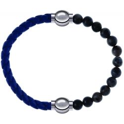 Apollon - Collection MiX Femme - cuir tressé italien bleu foncé - diamètre 5mm - longueur 9,25cm + labradorite - diamètr…