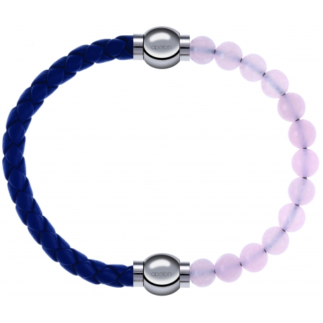 Apollon - Collection MiX Femme - cuir tressé italien bleu foncé - diamètre 5mm - longueur 9,25cm + quartz rose - diamètr…