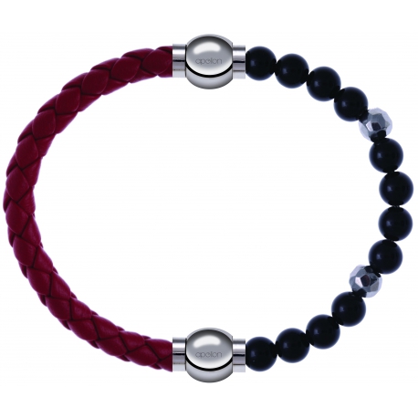 Apollon - Collection MiX Femme - cuir tressé italien rouge - diamètre 5mm - longueur 9,25cm + onyx - composants acier - …