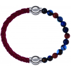 Apollon - Collection MiX Femme - cuir tressé italien rouge - diamètre 5mm - longueur 9,25cm + agate bleu foncé, bronzite…