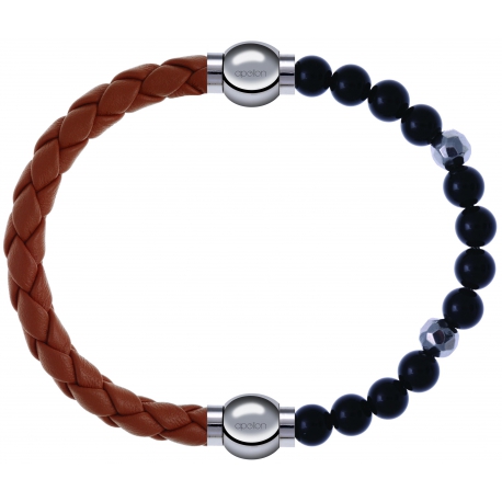 Apollon - Collection MiX Femme - cuir tressé italien marron - diamètre 5mm - longueur 9,25cm + onyx - composants acier -…