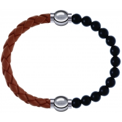 Apollon - Collection MiX Femme - cuir tressé italien marron - diamètre 5mm - longueur 9,25cm + onyx - diamètre 6mm - lon…