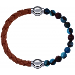 Apollon - Collection MiX Femme - cuir tressé italien marron - diamètre 5mm - longueur 9,25cm + agate bleu clair, bronzit…