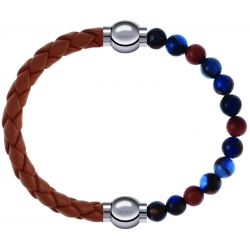 Apollon - Collection MiX Femme - cuir tressé italien marron - diamètre 5mm - longueur 9,25cm + agate bleu foncé, bronzit…