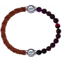 Apollon - Collection MiX Femme - cuir tressé italien marron - diamètre 5mm - longueur 9,25cm + agate rouge, bronzite, pi…