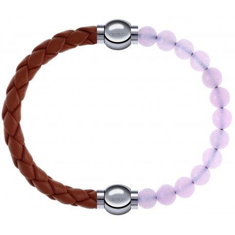 Apollon - Collection MiX Femme - cuir tressé italien marron - diamètre 5mm - longueur 9,25cm + quartz rose - diamètre 6m…