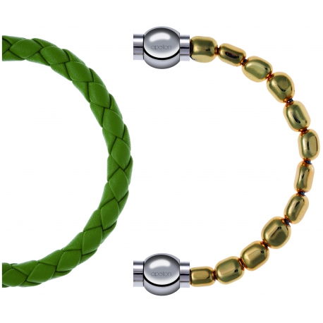 Apollon - Collection MiX Femme - cuir tressé italien vert clair - diamètre 5mm - longueur 9,25cm + hématite doré - diamè…