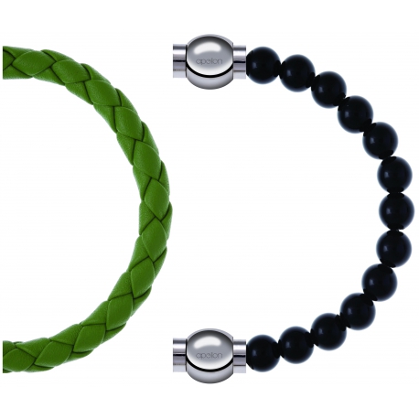 Apollon - Collection MiX Femme - cuir tressé italien vert clair - diamètre 5mm - longueur 9,25cm + onyx - diamètre 6mm -…