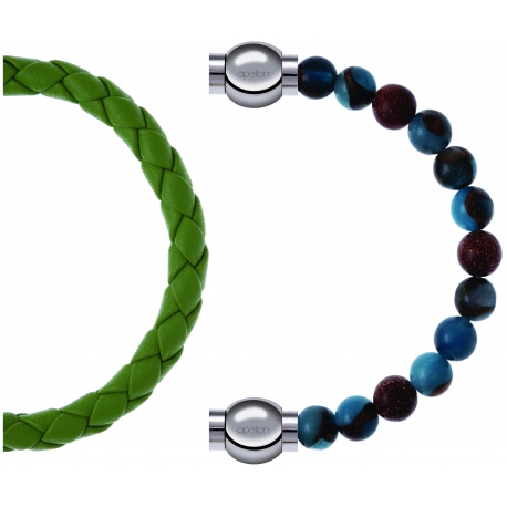 Apollon - Collection MiX Femme - cuir tressé italien vert clair - diamètre 5mm - longueur 9,25cm + agate bleu clair, bro…