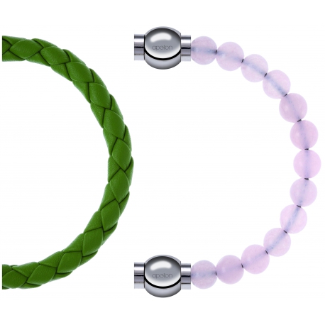 Apollon - Collection MiX Femme - cuir tressé italien vert clair - diamètre 5mm - longueur 9,25cm + quartz rose - diamètr…