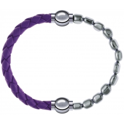 Apollon - Collection MiX Femme - cuir tressé italien lila - diamètre 5mm - longueur 9,25cm + hématite - diamètre 6mm - l…