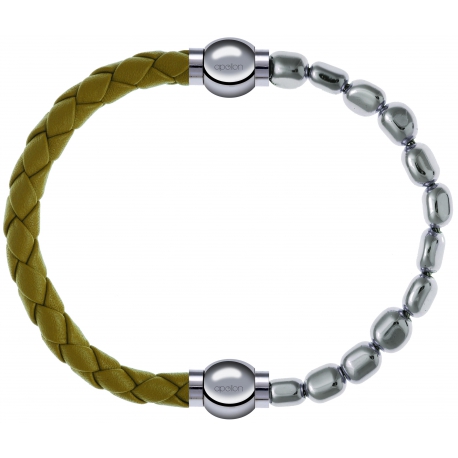 Apollon - Collection MiX Femme - cuir tressé italien jaune moutarde - diamètre 5mm - longueur 9,25cm + hématite - diamèt…