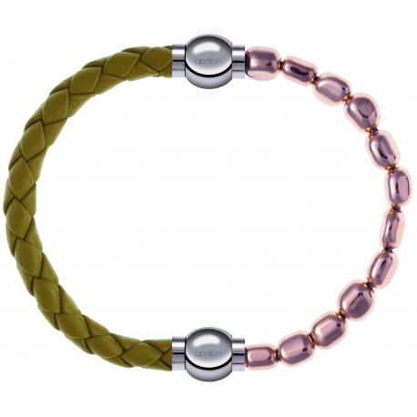 Apollon - Collection MiX Femme - cuir tressé italien jaune moutarde - diamètre 5mm - longueur 9,25cm + hématite rosé - d…