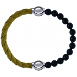 Apollon - Collection MiX Femme - cuir tressé italien jaune moutarde - diamètre 5mm - longueur 9,25cm + onyx - diamètre 6…