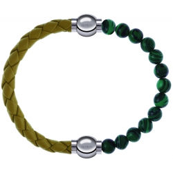 Apollon - Collection MiX Femme - cuir tressé italien jaune moutarde - diamètre 5mm - longueur 9,25cm + malachite - diamè…