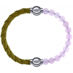 Apollon - Collection MiX Femme - cuir tressé italien jaune moutarde - diamètre 5mm - longueur 9,25cm + quartz rose - dia…