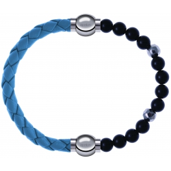 Apollon - Collection MiX Femme - cuir tressé italien bleu clair - diamètre 5mm - longueur 9,25cm + onyx - composants aci…
