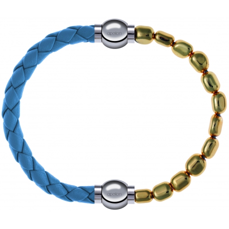 Apollon - Collection MiX Femme - cuir tressé italien bleu clair - diamètre 5mm - longueur 9,25cm + hématite doré - diamè…