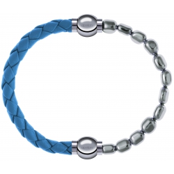 Apollon - Collection MiX Femme - cuir tressé italien bleu clair - diamètre 5mm - longueur 9,25cm + hématite - diamètre 6…