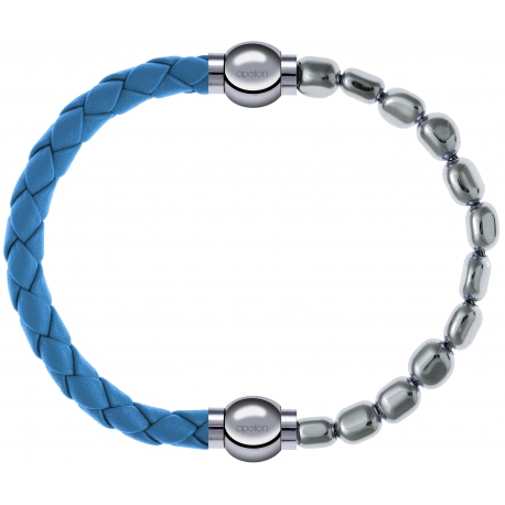 Apollon - Collection MiX Femme - cuir tressé italien bleu clair - diamètre 5mm - longueur 9,25cm + hématite - diamètre 6…