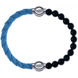 Apollon - Collection MiX Femme - cuir tressé italien bleu clair - diamètre 5mm - longueur 9,25cm + onyx - diamètre 6mm -…