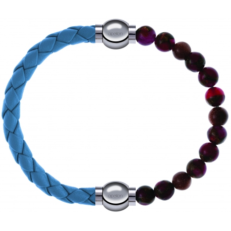 Apollon - Collection MiX Femme - cuir tressé italien bleu clair - diamètre 5mm - longueur 9,25cm + agate rouge, bronzite…