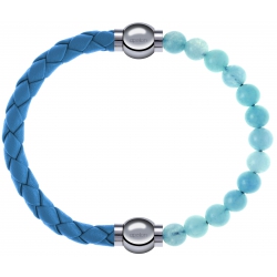 Apollon - Collection MiX Femme - cuir tressé italien bleu clair - diamètre 5mm - longueur 9,25cm + jade bleue - diamètre…