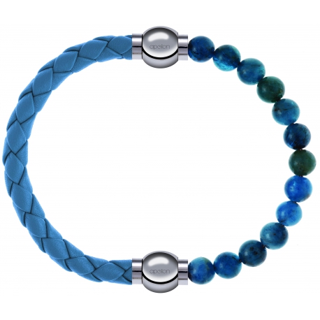 Apollon - Collection MiX Femme - cuir tressé italien bleu clair - diamètre 5mm - longueur 9,25cm + apatite - diamètre 6m…