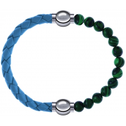 Apollon - Collection MiX Femme - cuir tressé italien bleu clair - diamètre 5mm - longueur 9,25cm + malachite - diamètre …