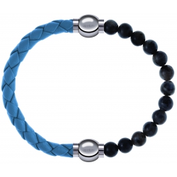 Apollon - Collection MiX Femme - cuir tressé italien bleu clair - diamètre 5mm - longueur 9,25cm + labradorite - diamètr…