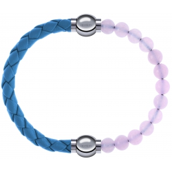 Apollon - Collection MiX Femme - cuir tressé italien bleu clair - diamètre 5mm - longueur 9,25cm + quartz rose - diamètr…