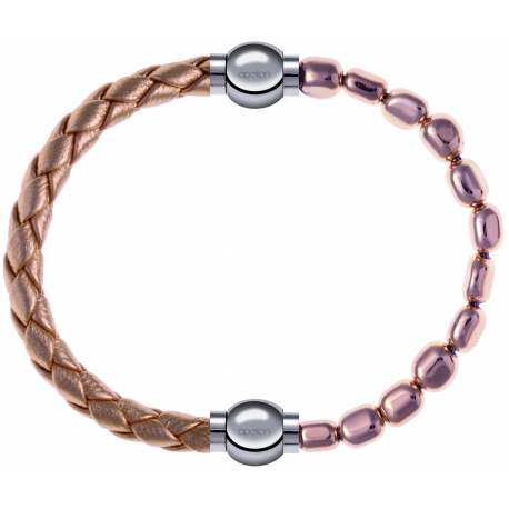 Apollon - Collection MiX Femme - cuir tressé italien rosé - diamètre 5mm - longueur 9,25cm + hématite rosé - diamètre 6m…