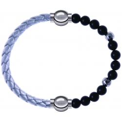 Apollon - Collection MiX Femme - cuir tressé italien argenté - diamètre 5mm - longueur 9,25cm + onyx - composants acier …