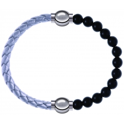 Apollon - Collection MiX Femme - cuir tressé italien argenté - diamètre 5mm - longueur 9,25cm + onyx - diamètre 6mm - lo…