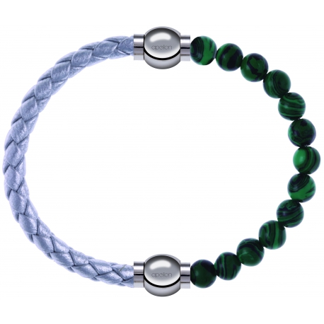 Apollon - Collection MiX Femme - cuir tressé italien argenté - diamètre 5mm - longueur 9,25cm + malachite - diamètre 6mm…