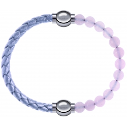 Apollon - Collection MiX Femme - cuir tressé italien argenté - diamètre 5mm - longueur 9,25cm + quartz rose - diamètre 6…