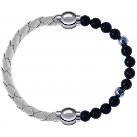 Apollon - Collection MiX Femme - cuir tressé italien blanc - diamètre 5mm - longueur 9,25cm + onyx - composants acier - …