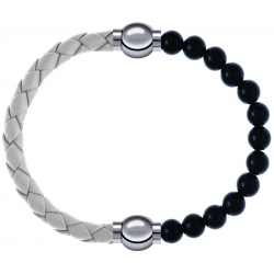 Apollon - Collection MiX Femme - cuir tressé italien blanc - diamètre 5mm - longueur 9,25cm + onyx - diamètre 6mm - long…