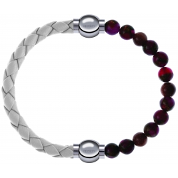 Apollon - Collection MiX Femme - cuir tressé italien blanc - diamètre 5mm - longueur 9,25cm + agate rouge, bronzite, pie…