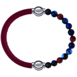 Apollon - Collection MiX Femme - cuir italien rouge - diamètre 5mm - longueur 9,25cm + agate bleu foncé, bronzite, pierr…