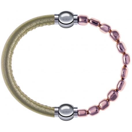 Apollon - Collection MiX Femme - cuir italien doré - diamètre 5mm - longueur 9,25cm + hématite rosé - diamètre 6mm - lon…