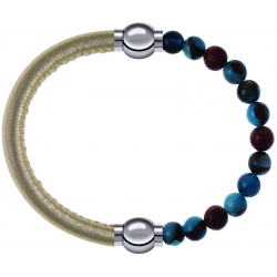 Apollon - Collection MiX Femme - cuir italien doré - diamètre 5mm - longueur 9,25cm + agate bleu clair, bronzite, pierre…