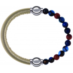 Apollon - Collection MiX Femme - cuir italien doré - diamètre 5mm - longueur 9,25cm + agate bleu foncé, bronzite, pierre…