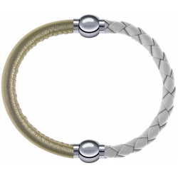 Apollon - Collection MiX Femme - cuir italien doré - diamètre 5mm - longueur 9,25cm + cuir tressé italien blanc - diamèt…
