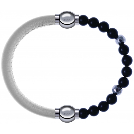 Apollon - Collection MiX Femme - cuir italien blanc - diamètre 5mm - longueur 9,25cm + onyx - composants acier - longueu…