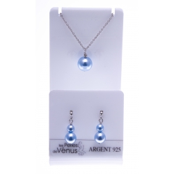 Parure argent rhodié 3g - collier 42cm + boucles d'oreille - perle swarovski bleu